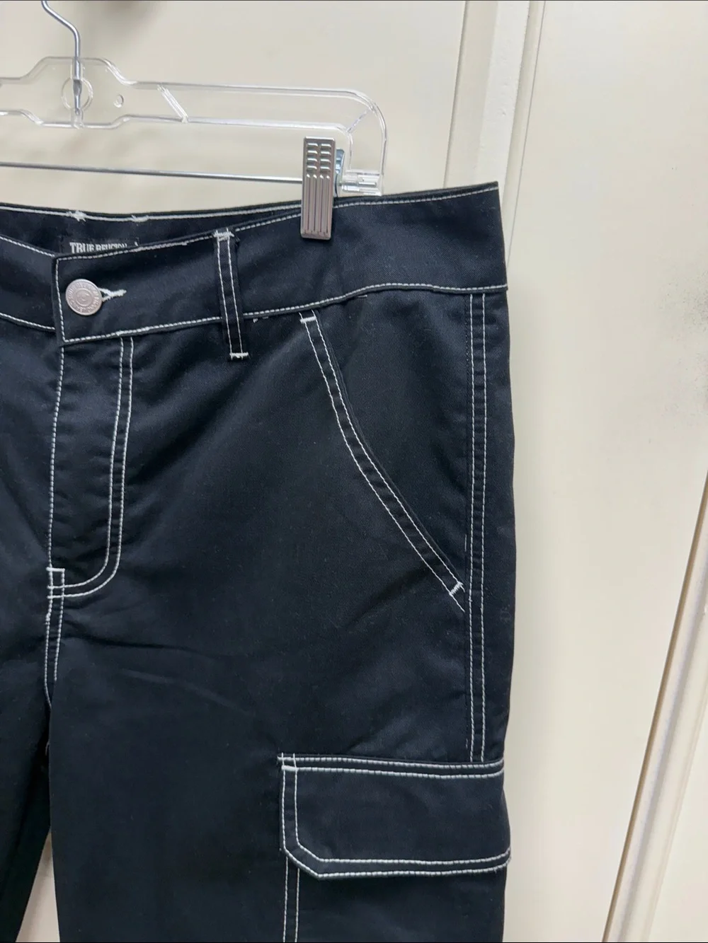 True Religion Black Cargo Shorts with White Contrast Stitching